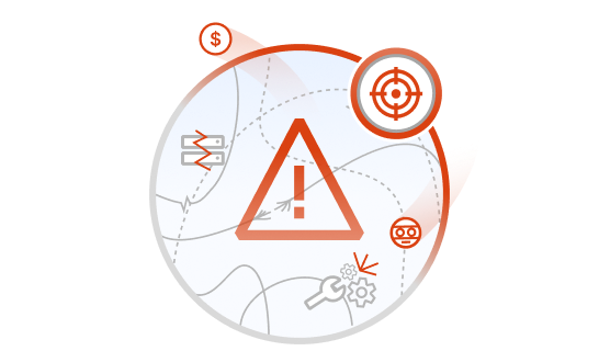 Illustration of cybercriminals targeting online assets with a warning symbol