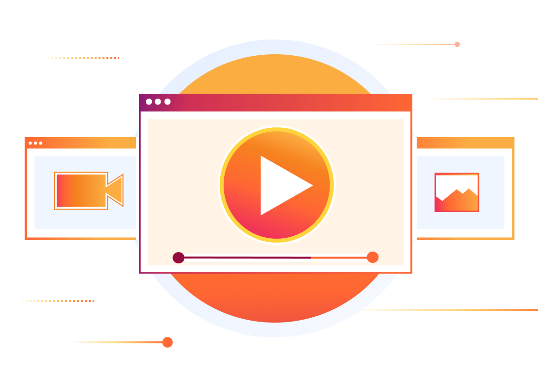 Medienabbildung mit Videos, Bildern und einem Mediaplayer